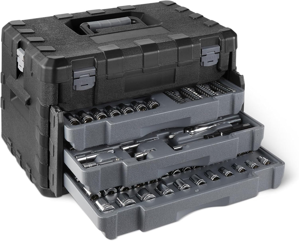 Amazon Basics 287-Piece Mechanic Tool Set with Sockets, Ratchets & Wrenches, 1/4', 3/8', 1/2' Quick-Release, Metric and SAE - 3-Drawer Case