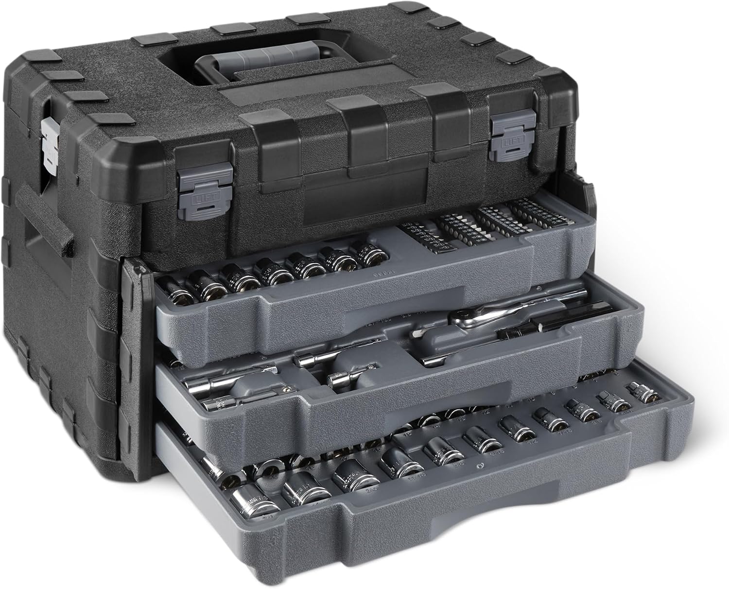 Amazon Basics 287-Piece Mechanic Tool Set with Sockets, Ratchets & Wrenches, 1/4', 3/8', 1/2' Quick-Release, Metric and SAE - 3-Drawer Case