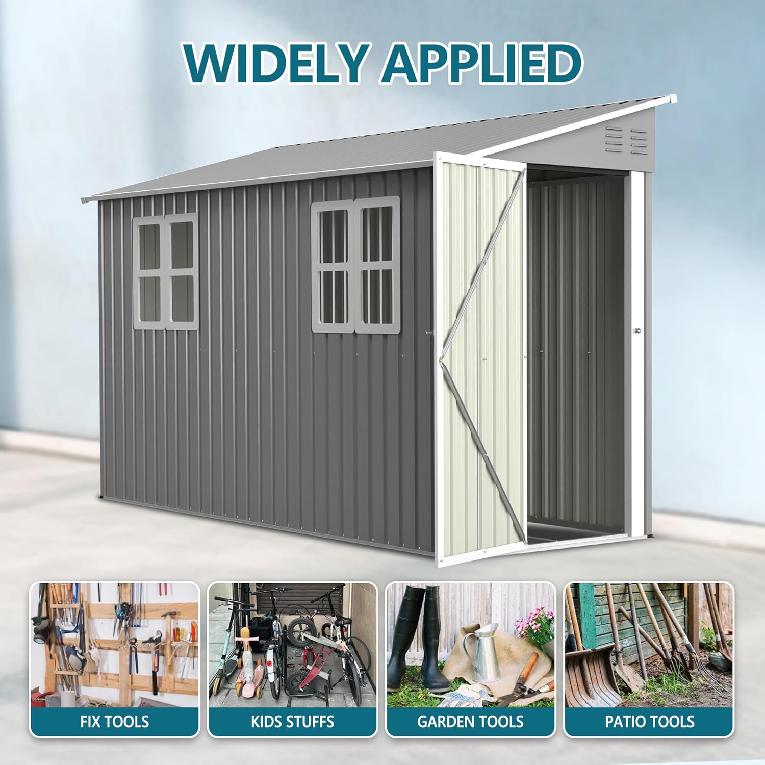 YOPTO 4x10 FT Lean to Outdoor Storage Shed with Floor Kit,Metal Shed W/Left/Right Optional Lockable Door & 2 Windows,Garden Tool Storage House W/Air Vents & Sloping Roof,for Backyard,Patio,Gray
