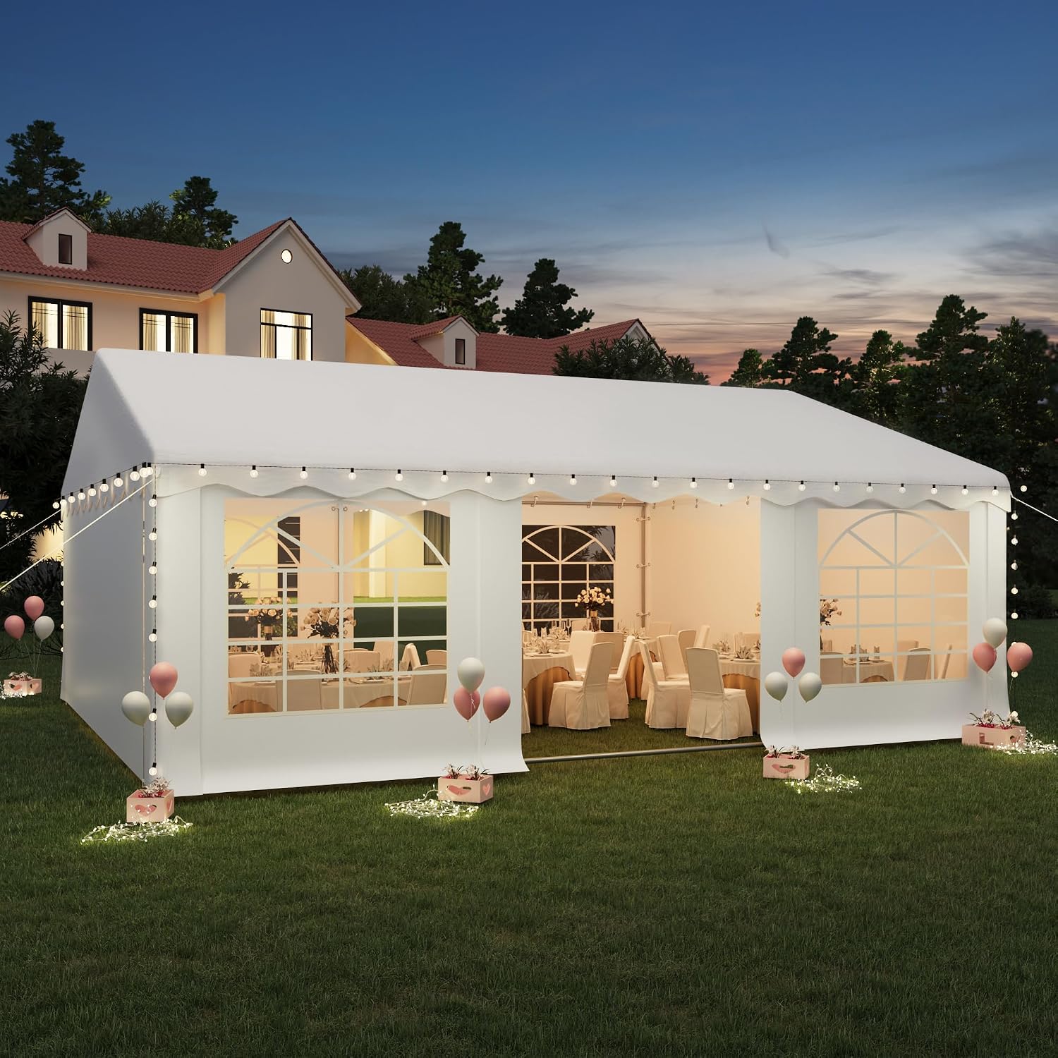 EROMMY 20x20ft Party Tent, Heavy Duty Large Wedding Canopy Outdoor Carport with 6 Removable Sidewalls, 2 Roll-up Doors, 2 Storage Bags, Gazebo Shelter Tent for Party Event Commercials, White