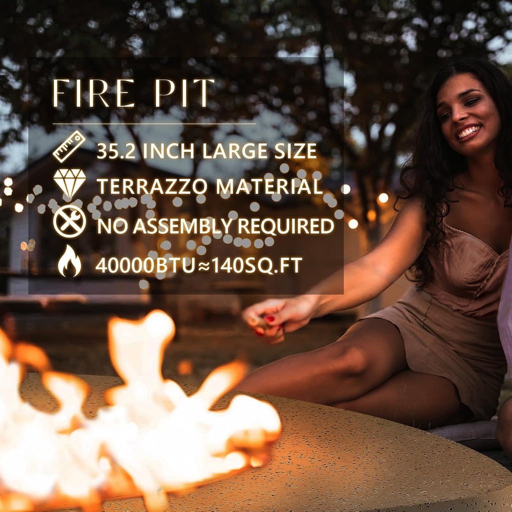 COSIEST Outdoor Propane Fire Pit Table, 24-Inch Terrazzo White Round Fire Pit Table with 16-Inch Tank Lid, 40,000 BTUs Comes with Lava Rock and Rain Cover