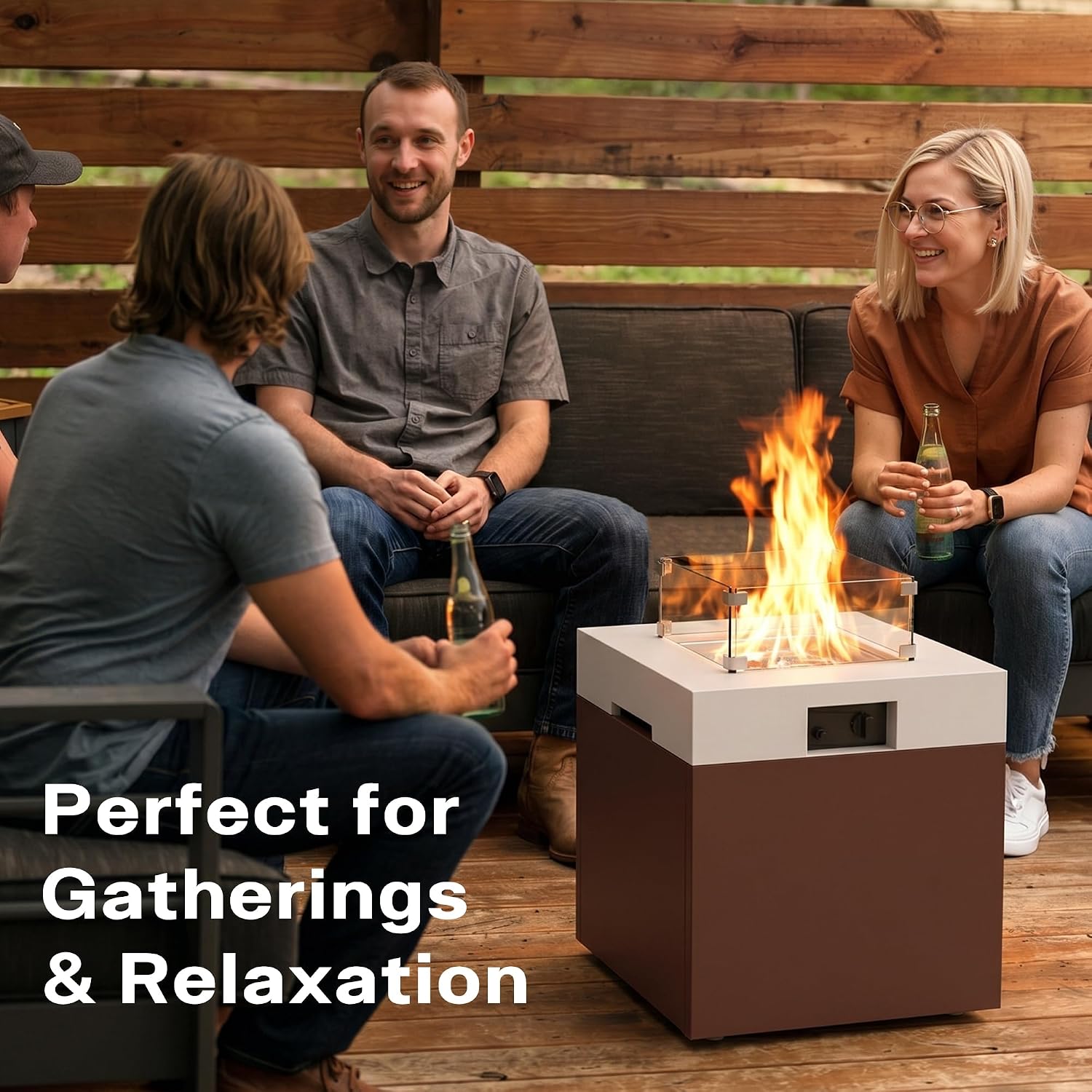 22' Aluminum Propane Fire Pit Table with 37,000 BTU, Square Outdoor Gas Fire Table with Glass Wind Guard, Glass Stones & Waterproof Cover, Patio Fire Table for Balcony, Backyard, Porch, Brown