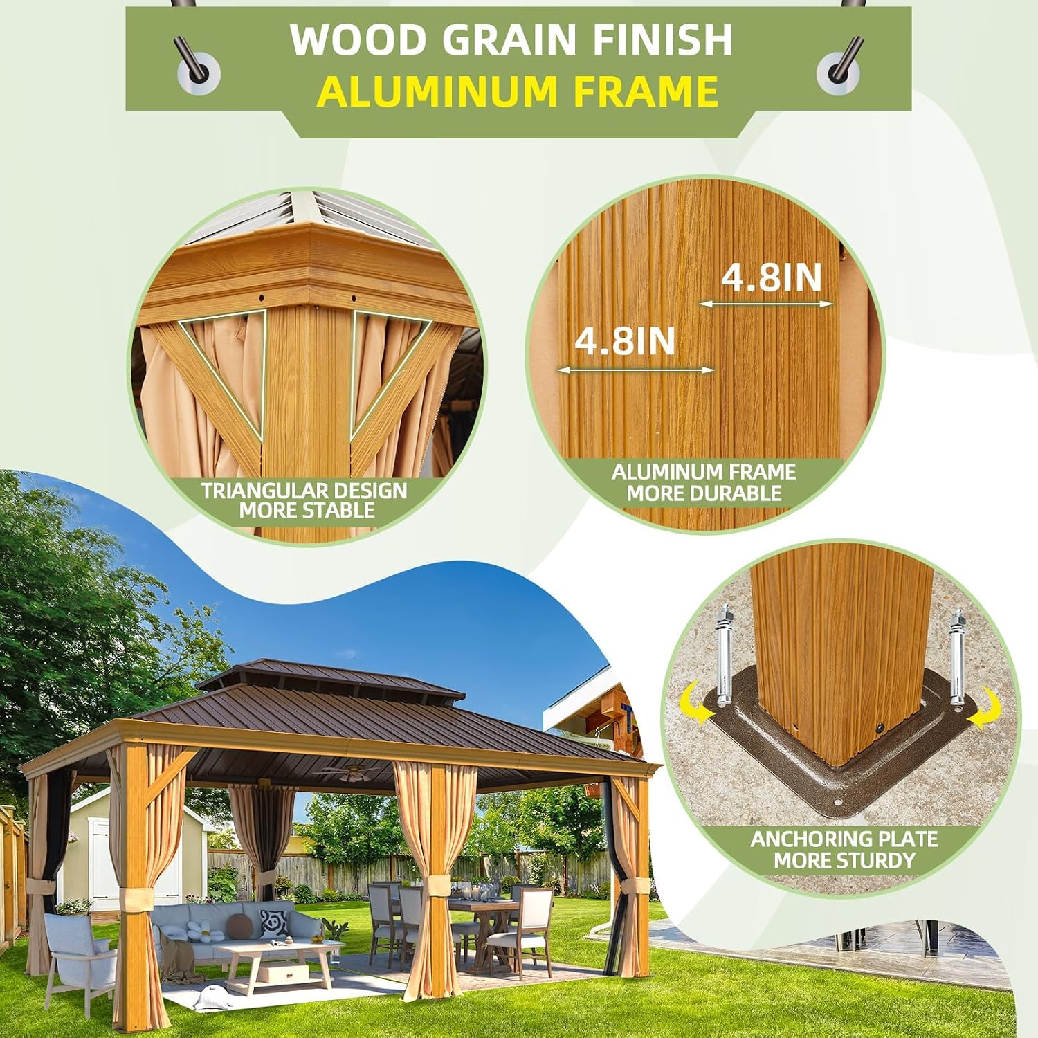 YOLENY 12'x18' Hardtop Gazebo, Wood Grain Aluminum Frame with Galvanized Steel Double Roof and Water Gutter, Outdoor Permanent Metal Pavilion with Curtains and Nettings for Patios, Gardens and Lawns