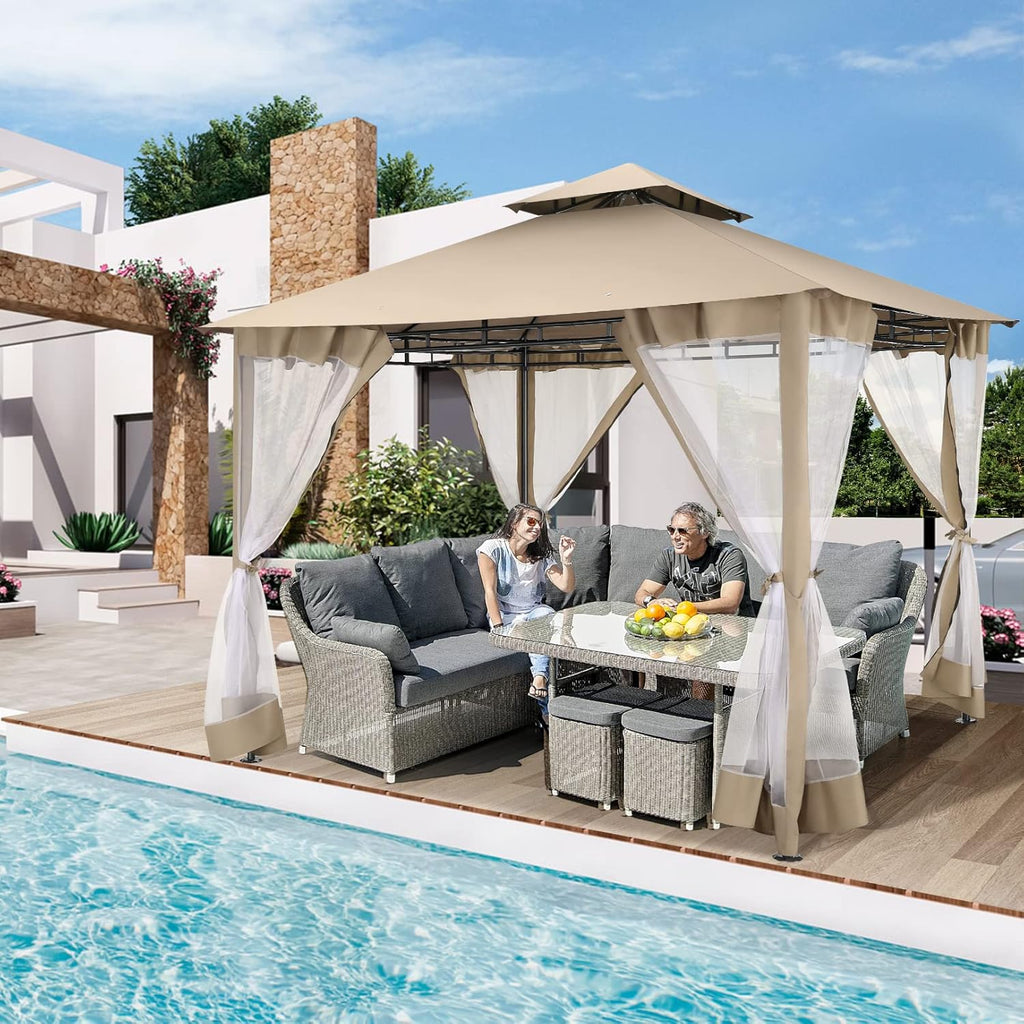 COBIZI Gazebo 10x10 Heavy Duty Gazebos with Improved Nettings Outdoor Gazebo Double Roof Patio Gazebos with Metal Steel Frame Outdoor Canopy for Patio, Deck, Backyard (Khaki)