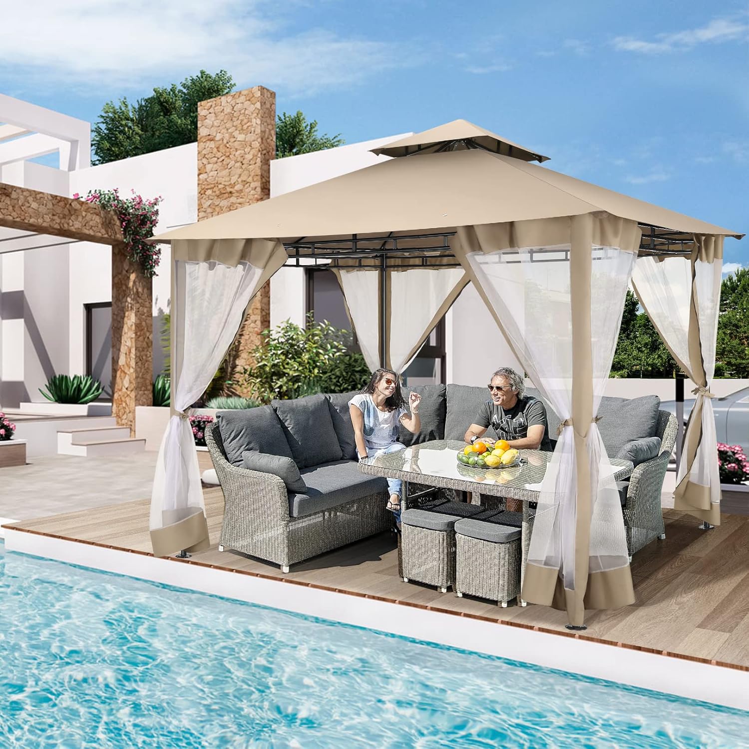 COBIZI Gazebo 10x10 Heavy Duty Gazebos with Improved Nettings Outdoor Gazebo Double Roof Patio Gazebos with Metal Steel Frame Outdoor Canopy for Patio, Deck, Backyard (Khaki)
