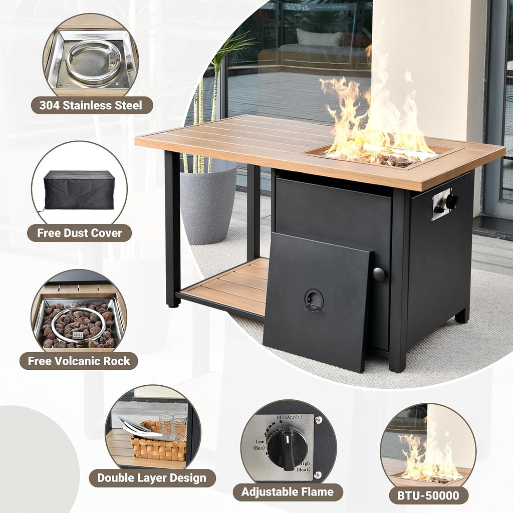 OVIOS 46 Inch Outdoor Patio Fire Pit Table, 50,000 BTU Heater Metal Steel Frame Propane Firepits with Storage Space, Wood-Like Tabletop, Waterproof Cover, Lid, Lava Rock, Black