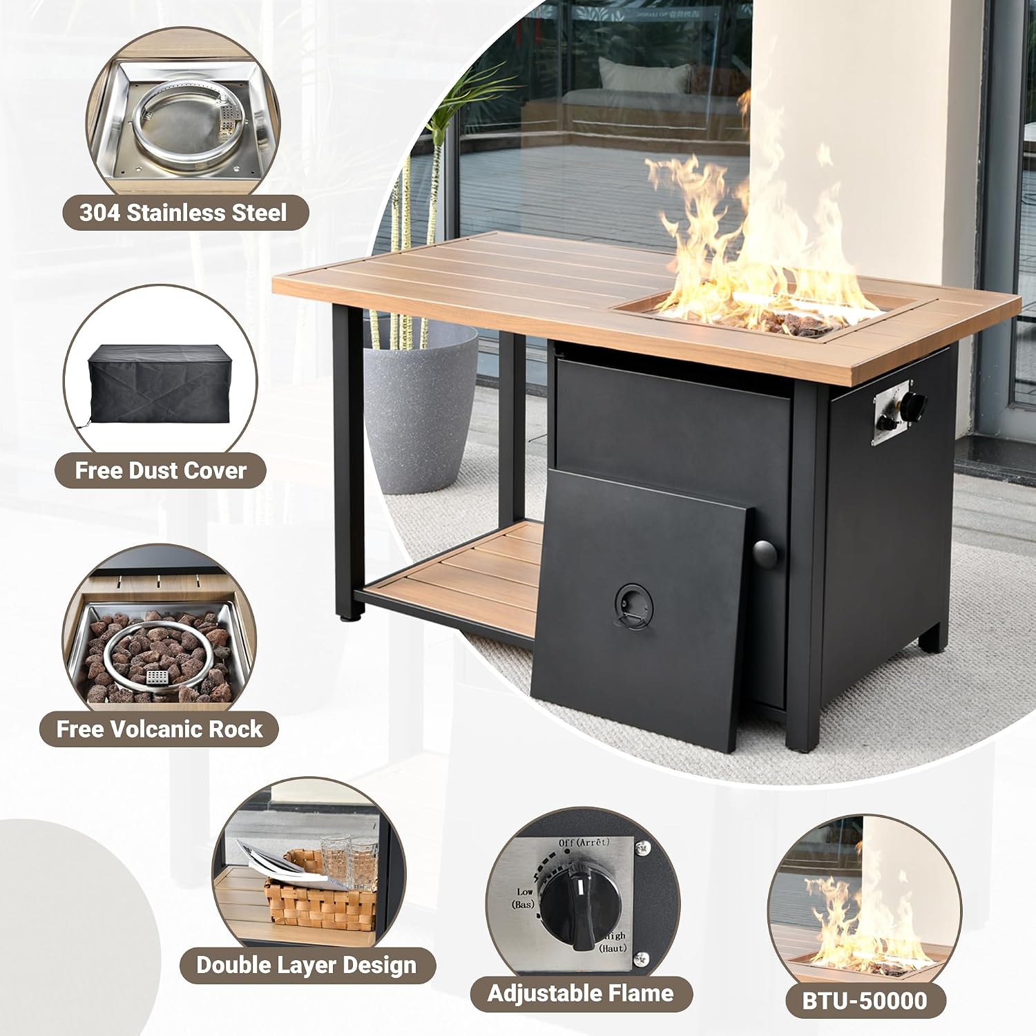 OVIOS 46 Inch Outdoor Patio Fire Pit Table, 50,000 BTU Heater Metal Steel Frame Propane Firepits with Storage Space, Wood-Like Tabletop, Waterproof Cover, Lid, Lava Rock, Black