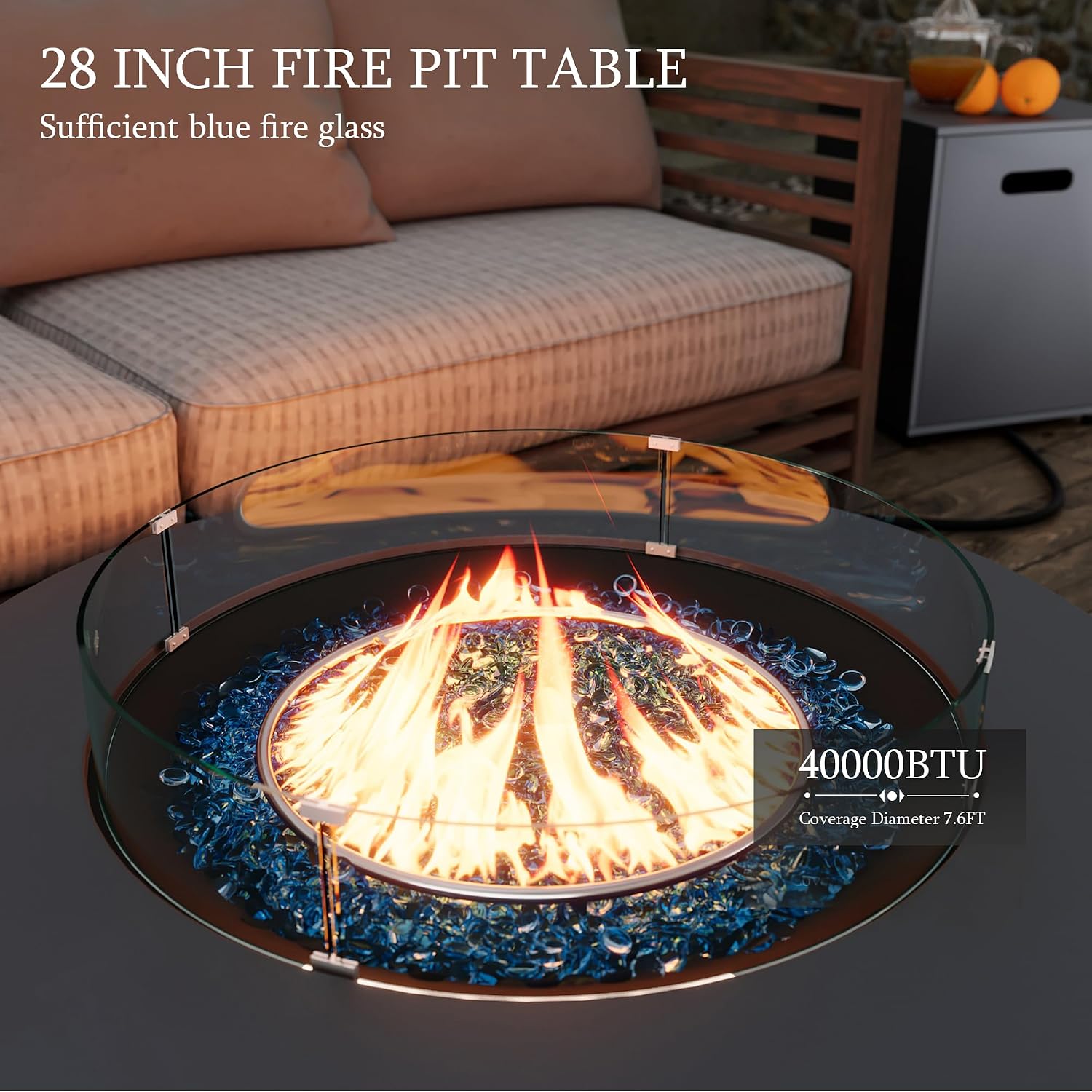 UPHA 28-inch Outdoor Propane Gas Fire Pit Table 40000 BTU Iron Round Firepit for Outside Patio with Tank Hidden Table, Wind Guard, Removable Lid, Blue Glass Rocks, Rain Cover, Grey