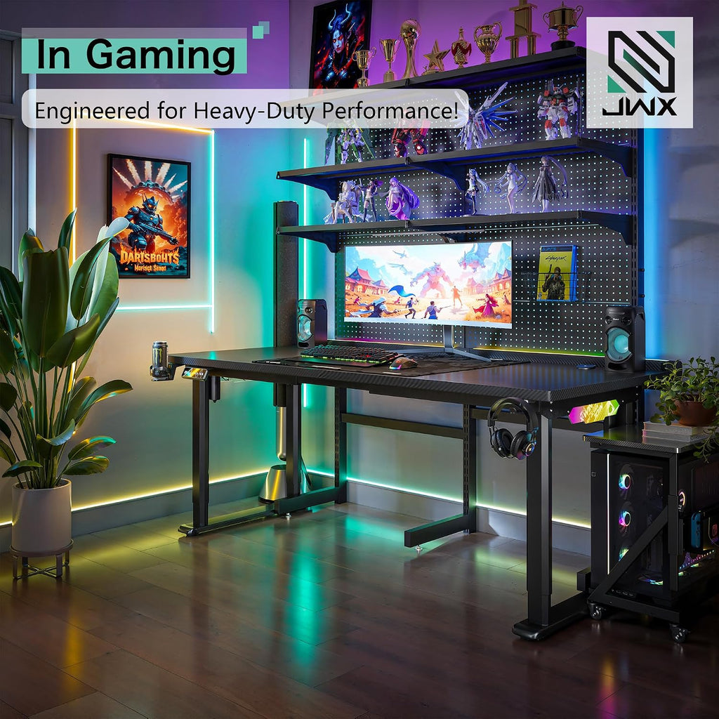 JWX Dual Motor 4 Leg Standing Gaming Desk with LED Lights,71'' Height Adjustable Sit Stand Computer Table, Flip-Up Cable Management Panel, Memory Presets Ergonomic Workstation for Gaming Room Setup