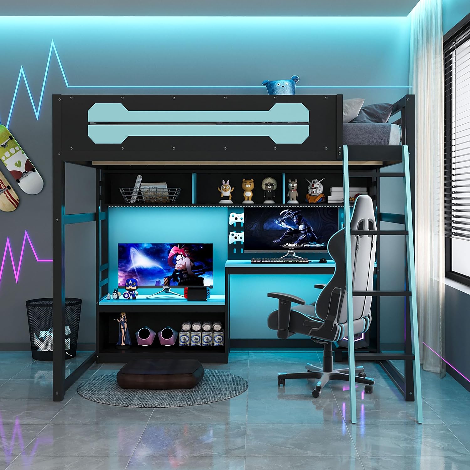 Harper & Bright Designs Full Size Wood Gaming Loft Bed with Desk and Storage Shelves, Modern Low Loft Bed Frame with LED Lights, USB Ports and Pegboard for Kids Teens Adults, Black+Blue