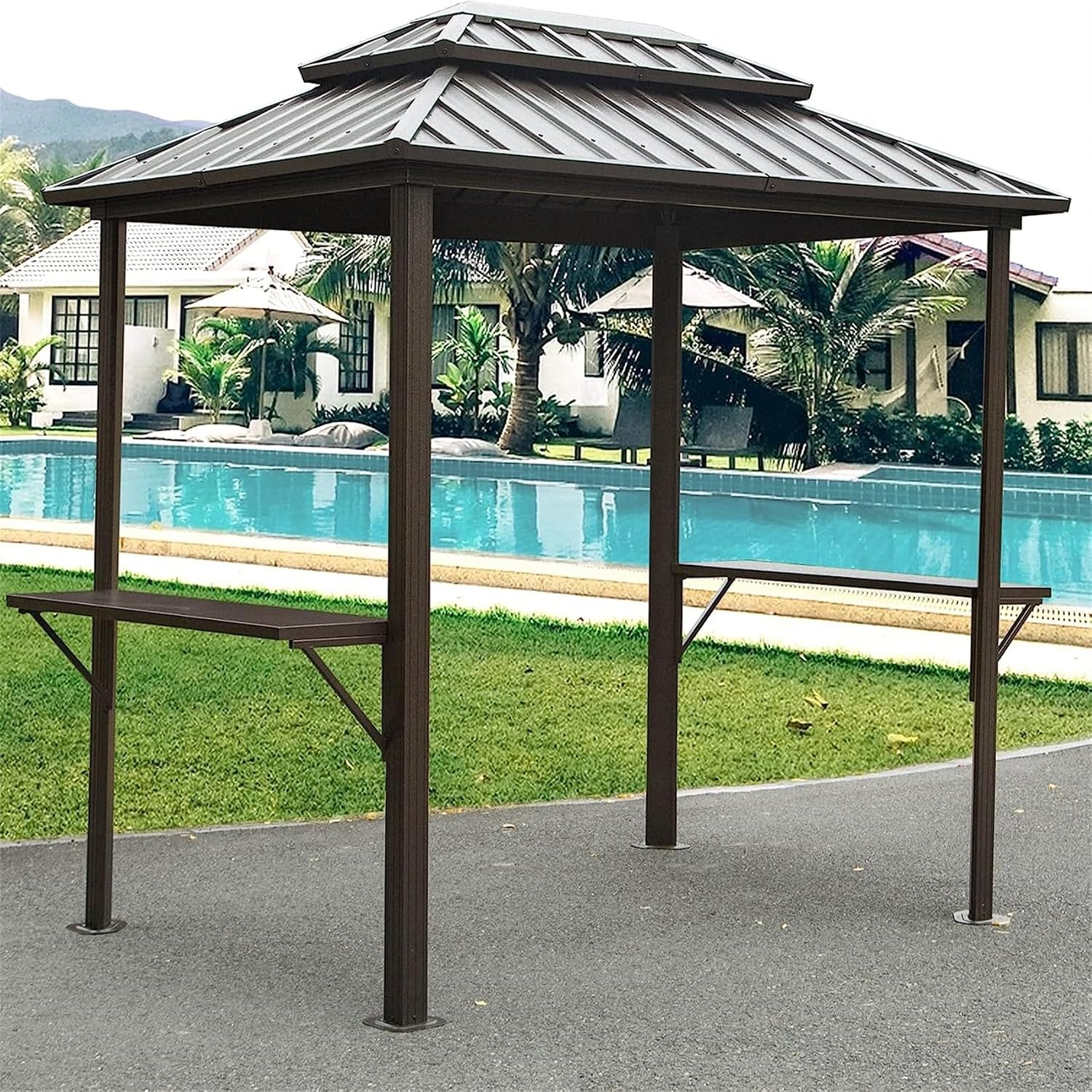 8'X6' Grill Gazebo Hardtop, Steel Grill Gazebo with Two Shelves Serving Tables, Permanent Double Roof Hard Top Gazebo, Heavy Duty Aluminum BBQ Gazebo for Patio, Deck, Backyard and Garden (Brown)