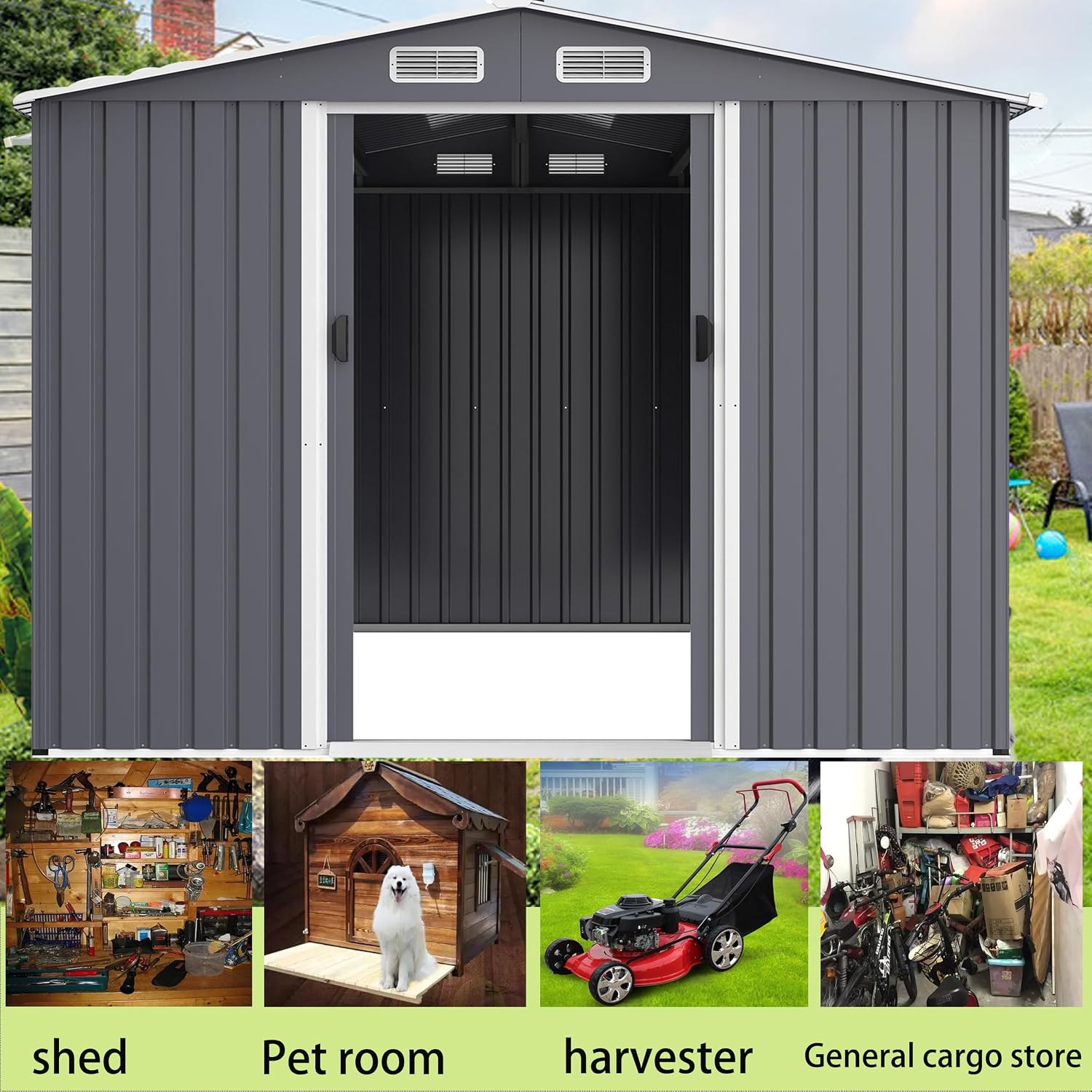Shed with Windows,Large Metal Outdoor Storage Shed, Lockable Tool Storage shed, Steel Garden shed, Suitable for Backyard, Terrace, and Poolside (Grey+Metal, 8FTx12FT)