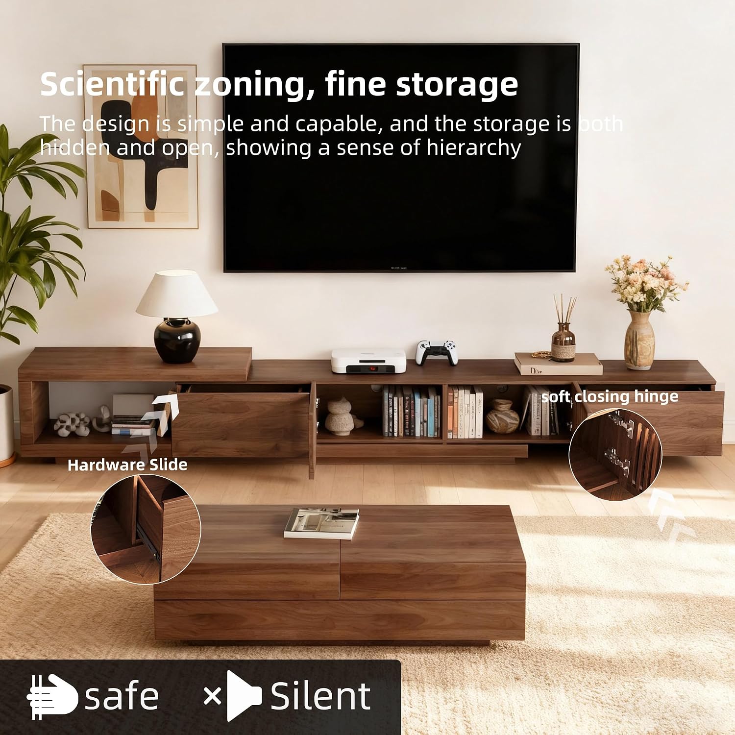 78.5'-105' Mid-Century Modern Extendable TV Stand, Walnut Media Console with 2 Drawers and 2 Cabinets, Fits TVs up to 100 Inches for Living Room or Bedroom