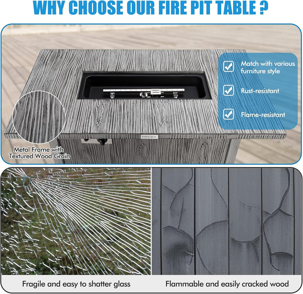 Tangkula 43 Inch Propane Fire Pit Table, Patiojoy 50,000 BTU Outdoor Gas Fire Table w/Wood Grain Tabletop, Hideaway Tank Storage, Lava Rocks, Rectangular Propane Firepit w/Waterproof Cover