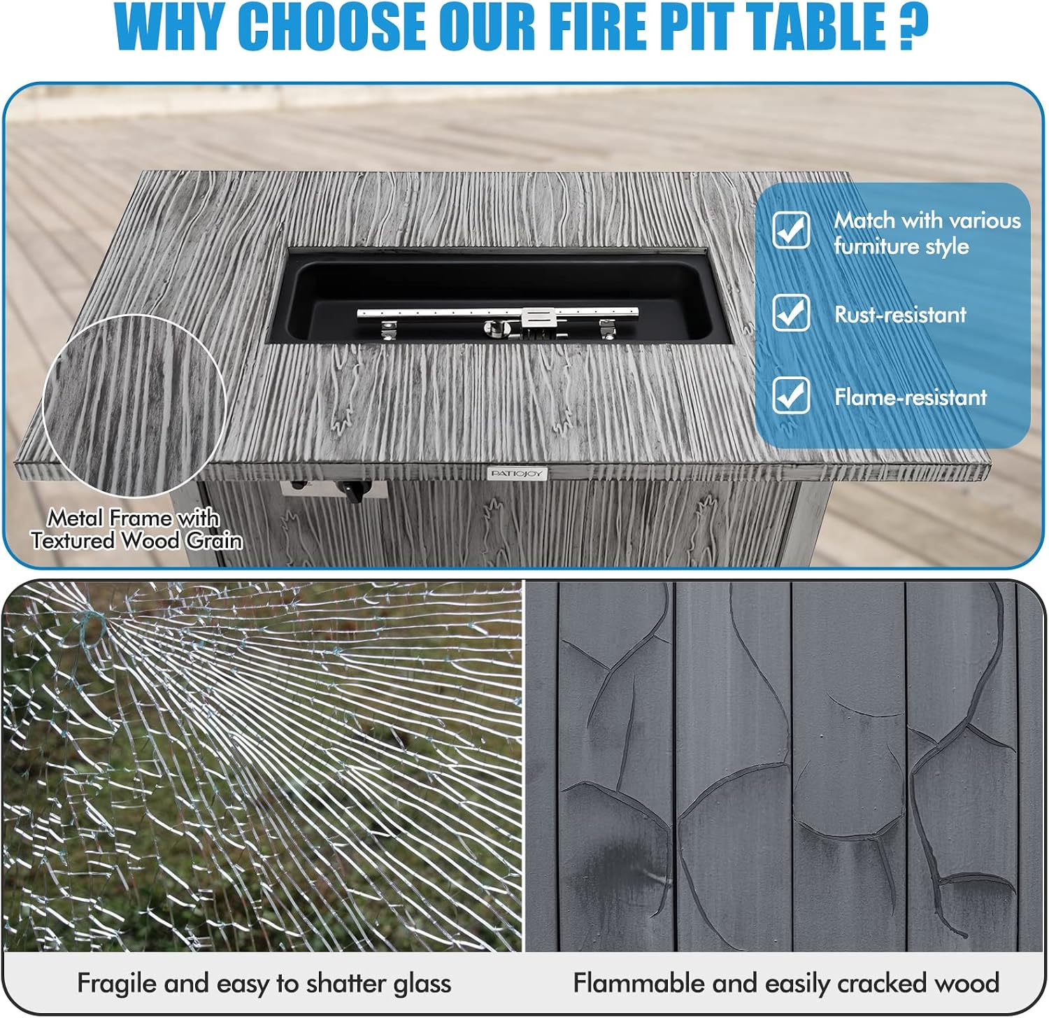 Tangkula 43 Inch Propane Fire Pit Table, Patiojoy 50,000 BTU Outdoor Gas Fire Table w/Wood Grain Tabletop, Hideaway Tank Storage, Lava Rocks, Rectangular Propane Firepit w/Waterproof Cover