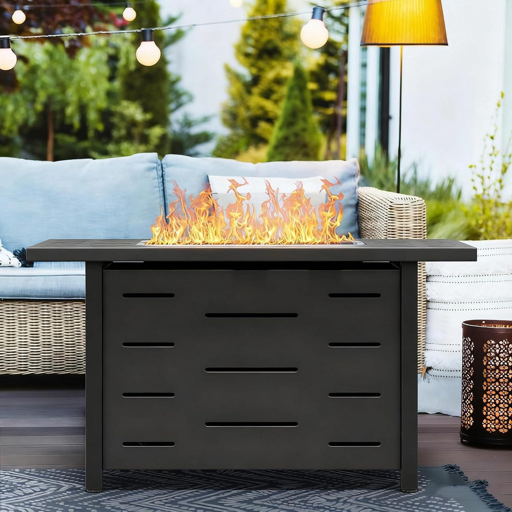43 Inch Propane Fire Pit Table for Patio & Backyard, 50,000 BTU Steel Gas Fire Pit with Lid & Lava Rocks, Outdoor Table Heater for Deck, Garden, Smokeless Flame