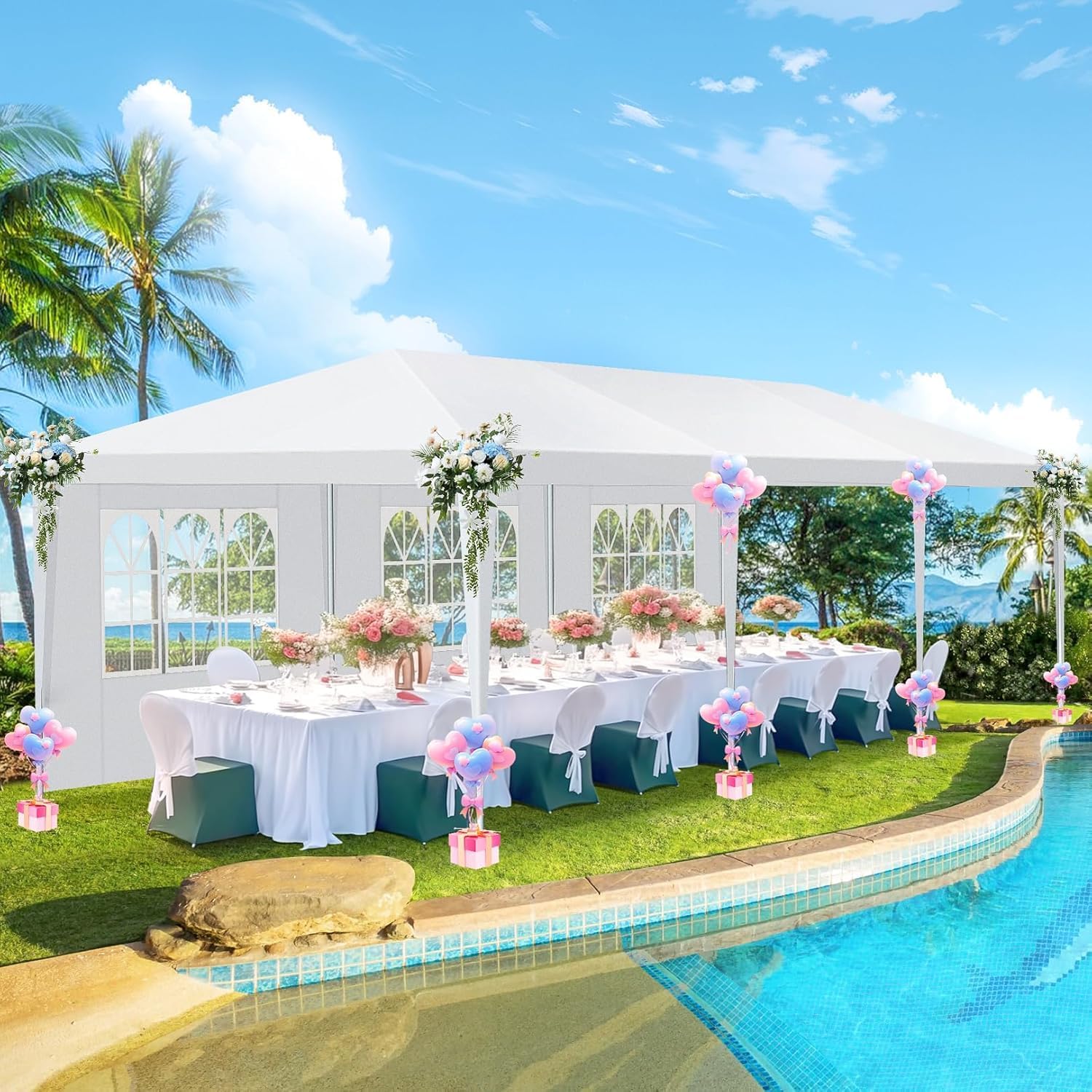 HOTEEL 10x30 Party Tent with 8 Removable Sidewalls for Parties, Weddings, BBQ, Waterproof Outdoor Event Canopy, Patio Camping Gazebo, Carpas para Fiestas, White