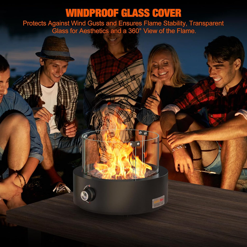 15.7' Portable Propane Gas Fire Pit Side-Mounted, Modern Tabletop Fireplace Smokeless Firepit with Glass Wind Guard for Patio Camping RV Tailgating, 23000BTU, Round FP038