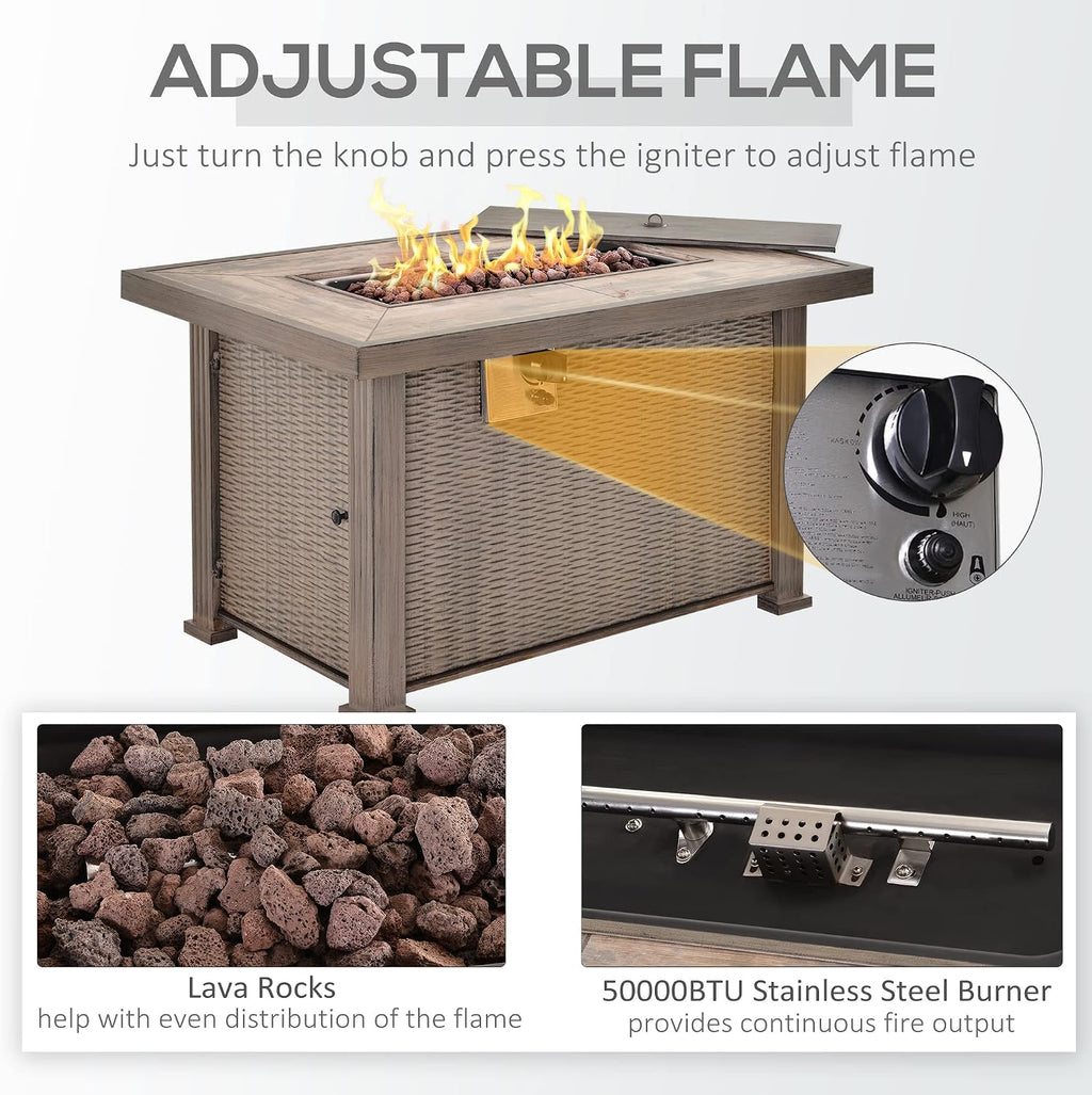 Outsunny Propane Fire Pit Table, 30,000 BTU 42' Wicker-Effect Gas Fire Table, Auto-Ignition Rectangular Outdoor Firepit with Lid, Ceramic Tabletop, Lava Rocks and Rain Cover, CSA Certification, Gray