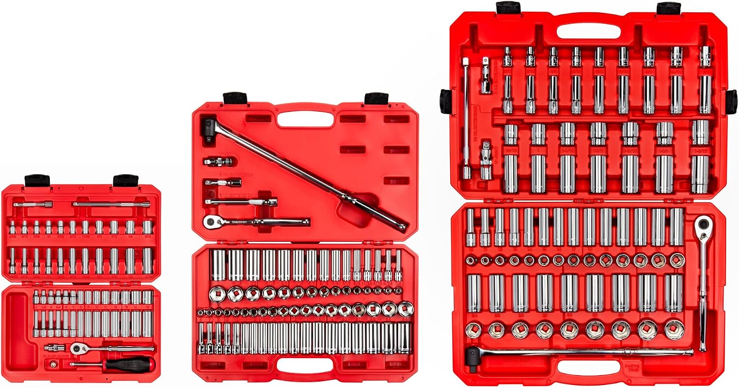 TEKTON 1/4, 3/8, 1/2 Inch Drive Shallow and Deep 6-Point Socket and Ratchet Set with Cases, 212-Piece (5/32-1-5/16 in., 4-32 mm) | SKT95304