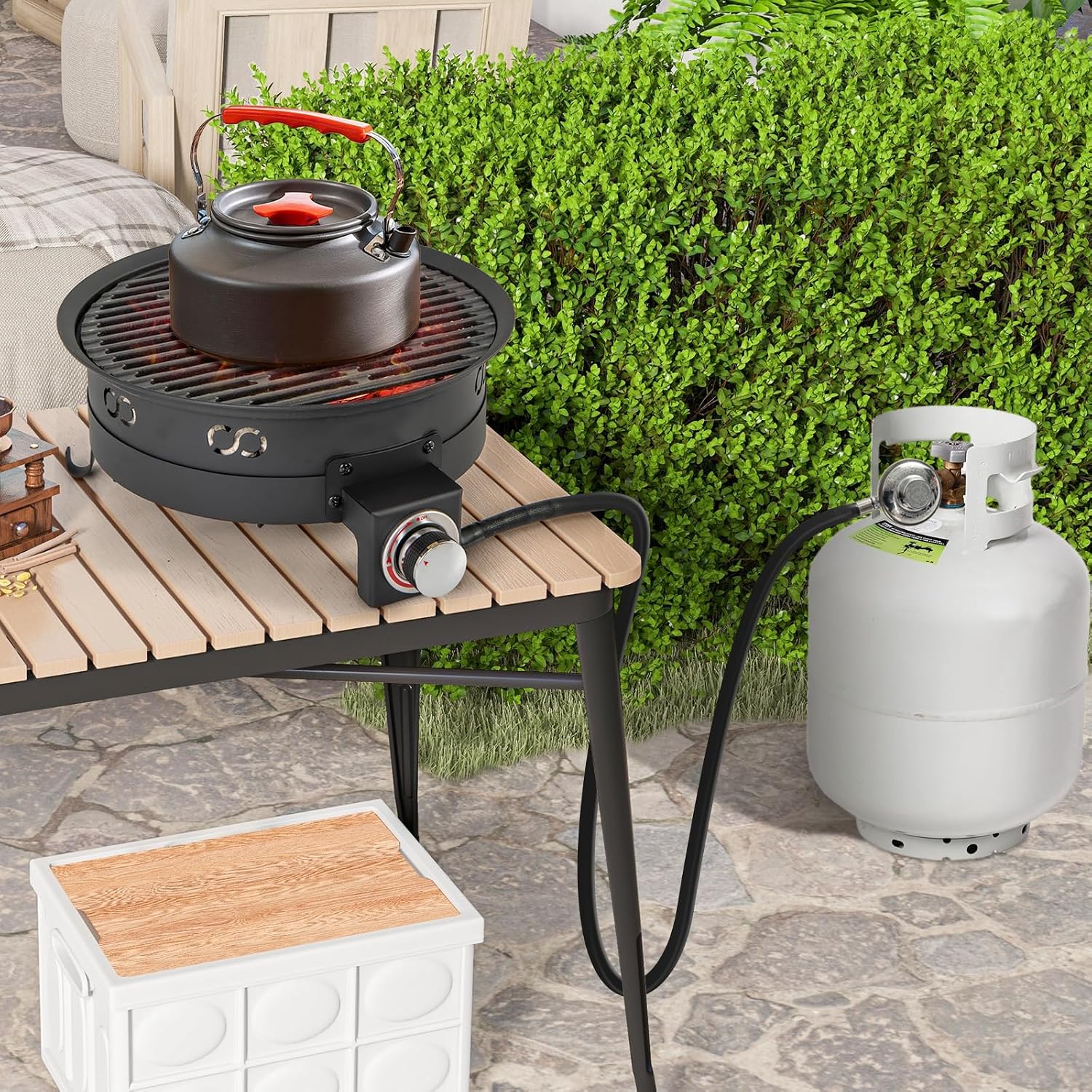 Tangkula 17 Inch Tabletop Propane Fire Pit, 58,000 BTU Gas Firepit with Folding Legs & Removable Grill, Carrying Bag, Lava Rocks & Tank Seat Included, Portable Fire Bowl for Backyard, Camping