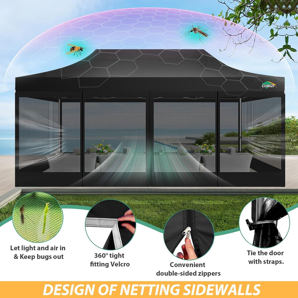 COBIZI 10x20 Heavy Duty Pop up Canopy with 6 Sidewalls, Canopy Tent with Mosquito Netting, Easy up Screen Party Tent for Parties Wedding Outdoor Patio Commercial Gazebo with Roller Bag, Black
