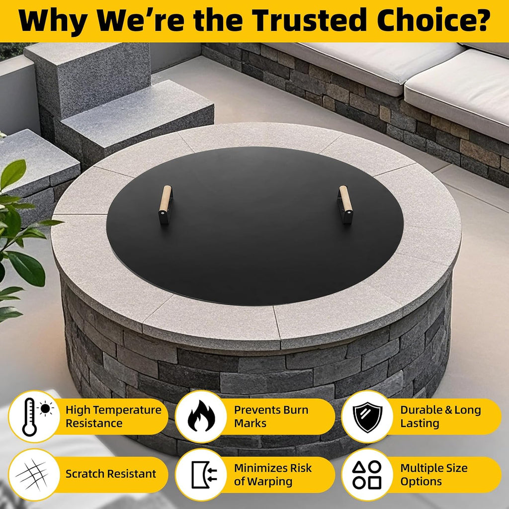 G GOOD GAIN Firepit Lid Round 36 Inch - Rust Resistant Fire Pit Lid Cover with Wooden Handle & Gloves, Fire Pit Snuffer Lid for Courtyards, Patio, Winter Cold Protection. Fits Fire Pits Up to 34'
