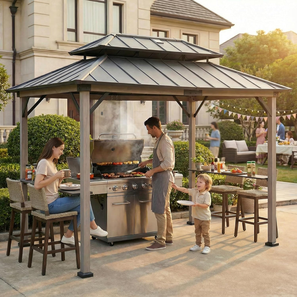 Sunjoy Wooden Grill Gazebo, 8 x 12 ft. Steel Hardtop Gazebo with Solar Power for Year-Round Grilling - 2 Full Size Grills, Griddles or Smokers - Outdoor Cooking Shelter for Backyard BBQs Party, Black