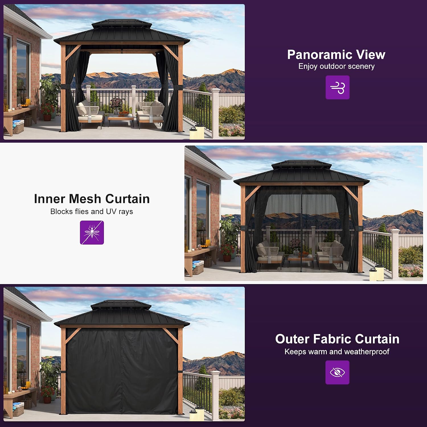 PURPLE LEAF 8' X 10' Hardtop Gazebo Outdoor Wood Grain Aluminum Frame Galvanized Steel Double Roof Gazebos with Lights for Patio Deck Backyard Garden