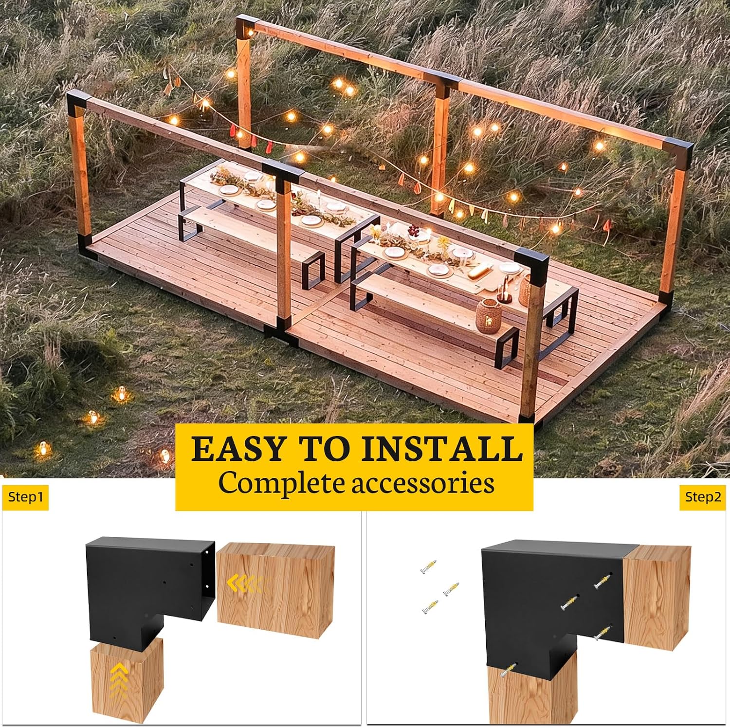 Pegola Bracket Kits,2-Way L-Shaped Woodwork Brackets for 4' x 4' (Actual:3.5'x3.5') Lumber,DIY Gazebo Brackets for Patio Pergolas, Gazebos, Log Cabin W/Hardware - 4Pack…