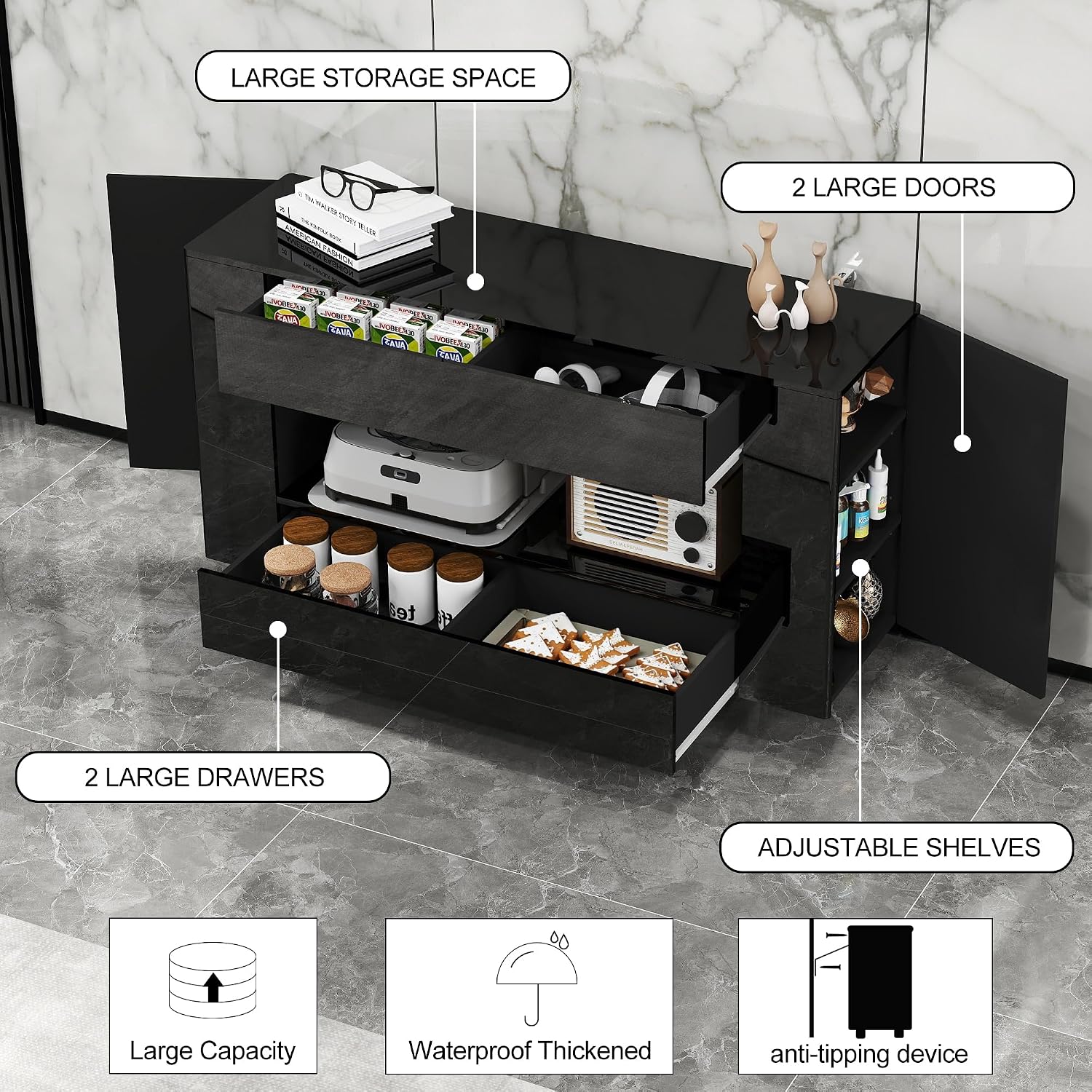 High Gloss TV Stand with 2 Large Drawers & Push-Open Doors - High Gloss Modern TV Console Storage Cabinet for Living Room, Office