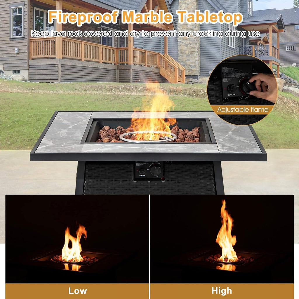 Tangkula 35 Inch Rattan Propane Gas Fire Pit Table, Patiojoy 50,000 BTU Outdoor Wicker Patio Propane Fire Pit w/Lid, Lava Rocks and PVC Cover, Auto-Ignition Square Firepit Table with Marble Tabletop