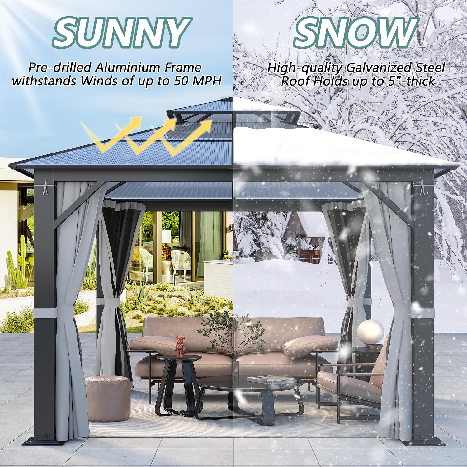10'x10' Hardtop Gazebo, Outdoor Polycarbonate Double Roof Gazebos with Netting and Curtains, Heavy Duty Metal Pavilion for Patio, Backyard, Deck and Lawn