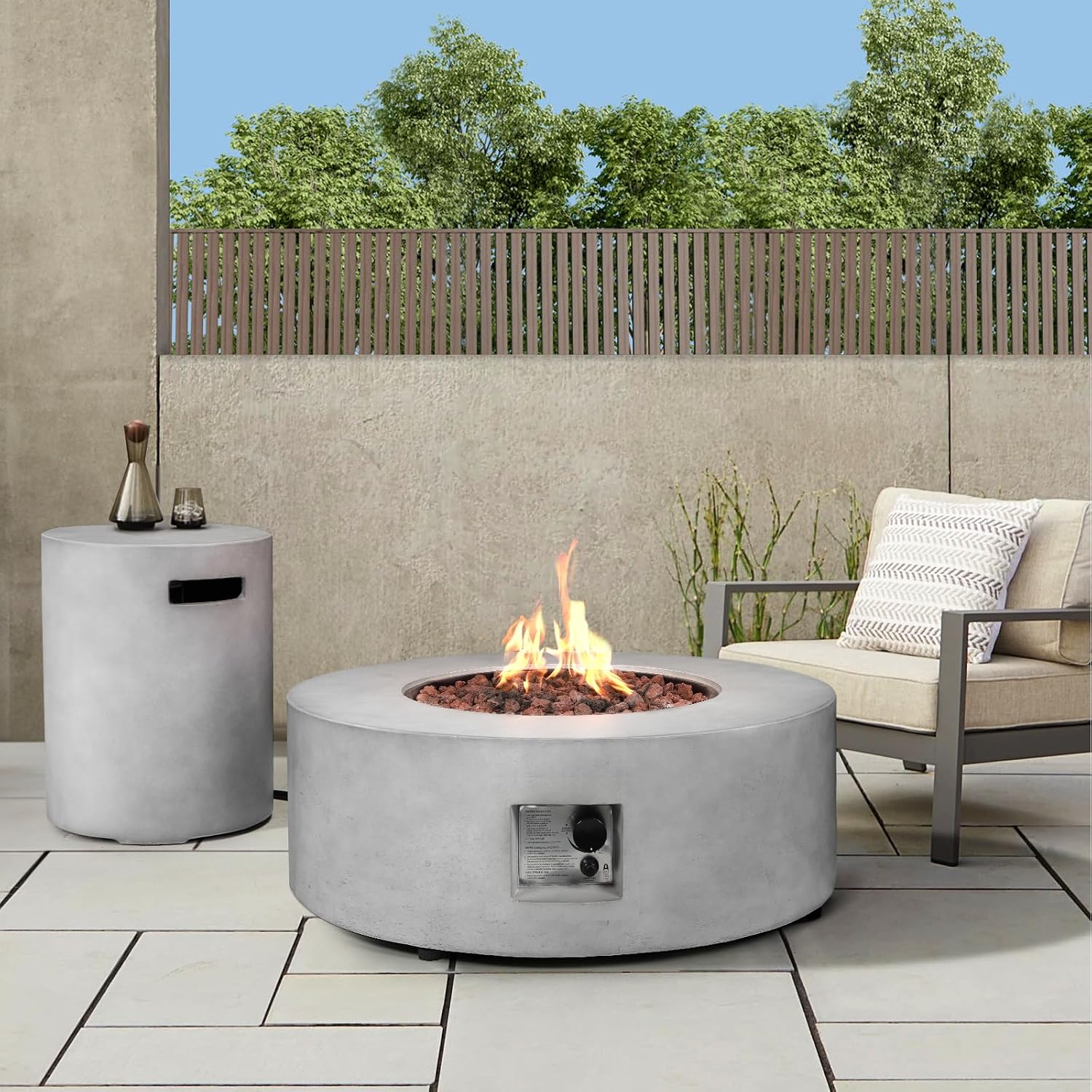 2-Piece Outdoor Propane Fire Pit Table Set w/Tank Cover Table, 36-inch 50,000 BTU Concrete Firepit SUS201 Round Burner with Steel Lid, Lava Rocks, Rain Cover