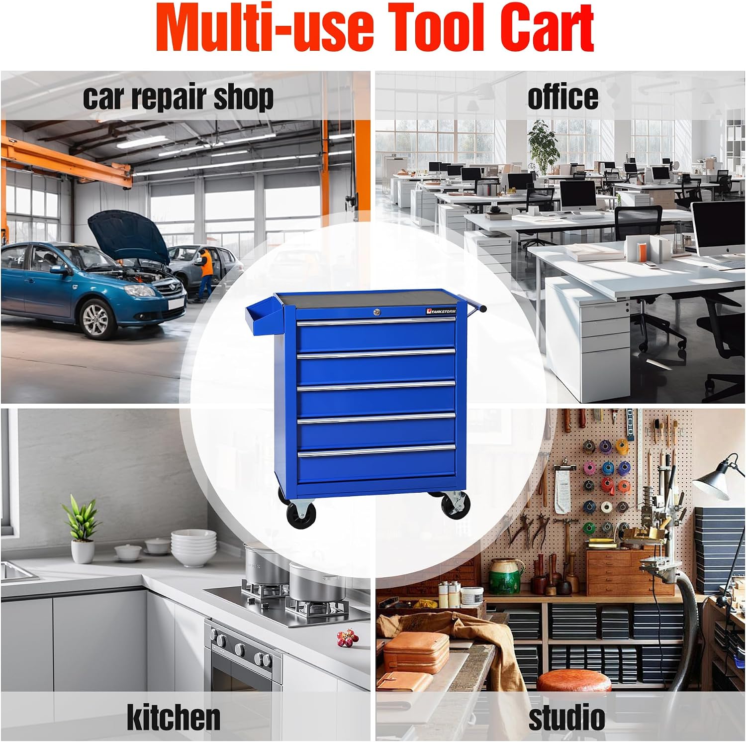 5-Drawer Rolling Tool Chest with Wheels, Heavy Duty Metal Tool Cabinet with Lock, Rolling Tool Box Organizer for Garage, Workshop, Repair Shop, Blue