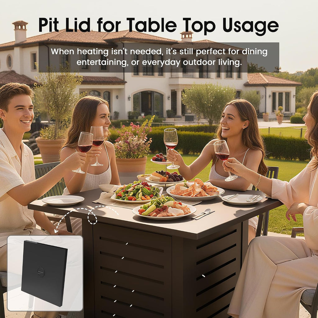 28 Inch Outdoor Propane Fire Pit,50,000 BTU Gas Fire Pit Table with Steel Lid,304 Stainless Steel H-Burner,Wind Guard,Fire Pits for Patio Deck,Black