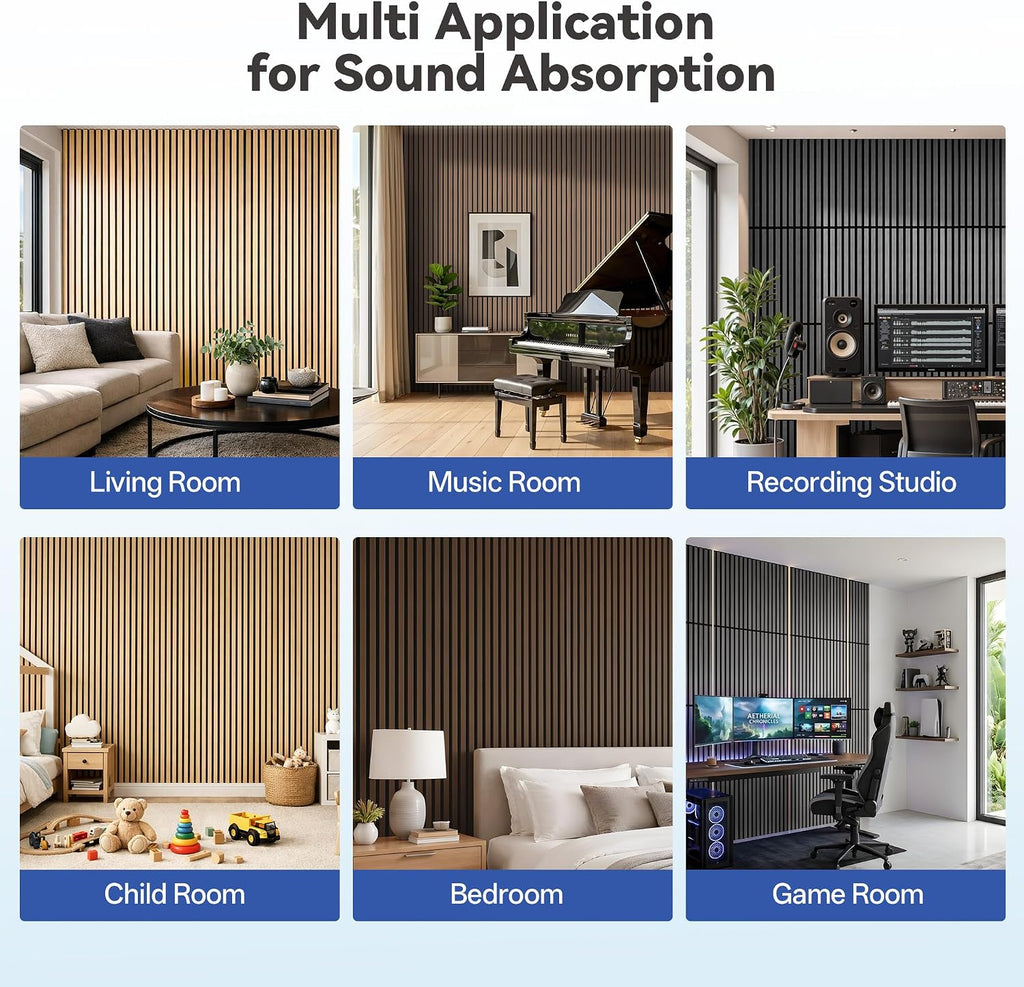 PIWA Acoustic Wall Panels 94' x 12' 4 Pack, Wood Panels for Wall Sound Dampening Slat Paneling with MDF Surface and Sound-Absorbing Core for Interior Decor, Home, Office and Gaming Room (Dark Walnut)
