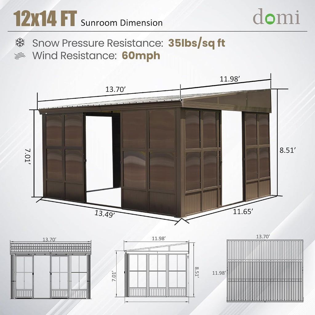 Domi 12x14FT Wall Mounted Sunroom, Against Wall Solarium with Galvanized Steel Sloping Roof, Detachable PVC Screen, Lockable Sliding Front and Side Doors, Lean-to Gazebo Sun Room for Deck Patio