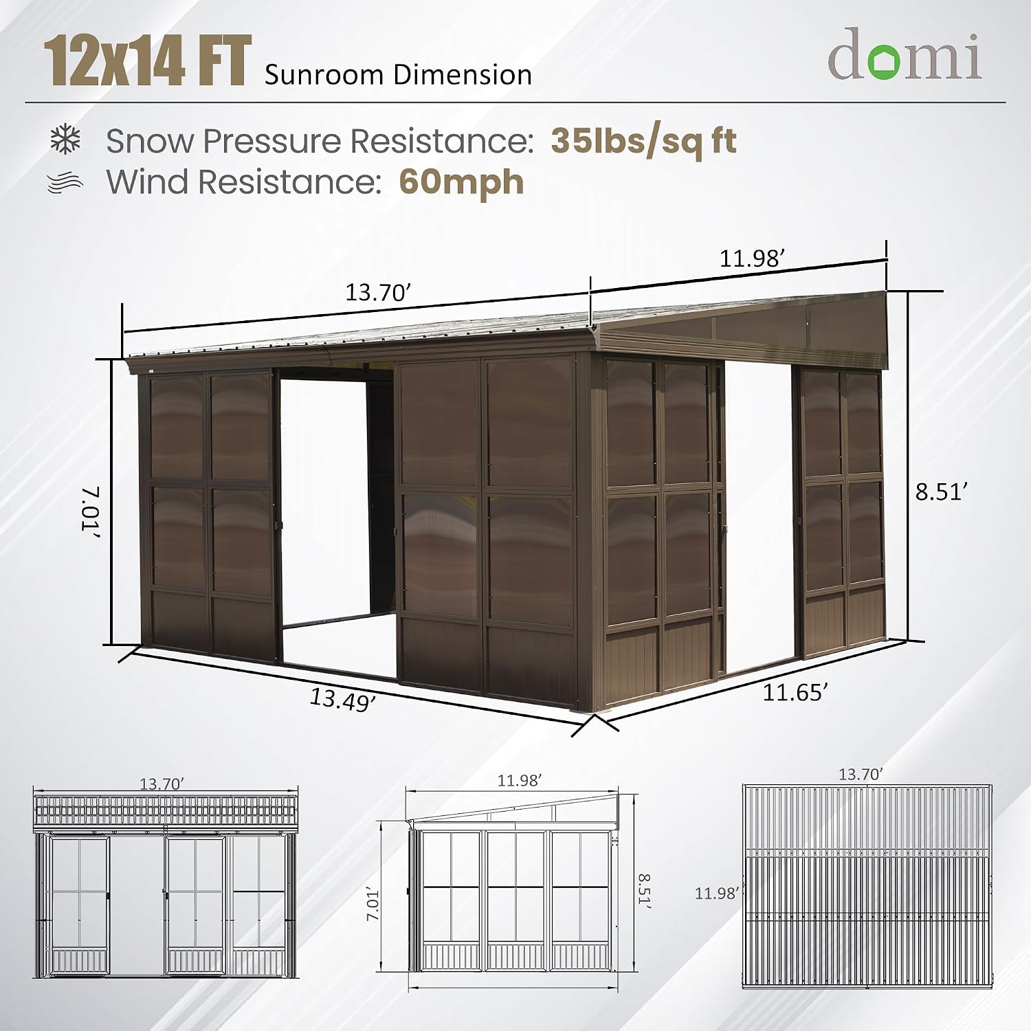 Domi 12x14FT Wall Mounted Sunroom, Against Wall Solarium with Galvanized Steel Sloping Roof, Detachable PVC Screen, Lockable Sliding Front and Side Doors, Lean-to Gazebo Sun Room for Deck Patio