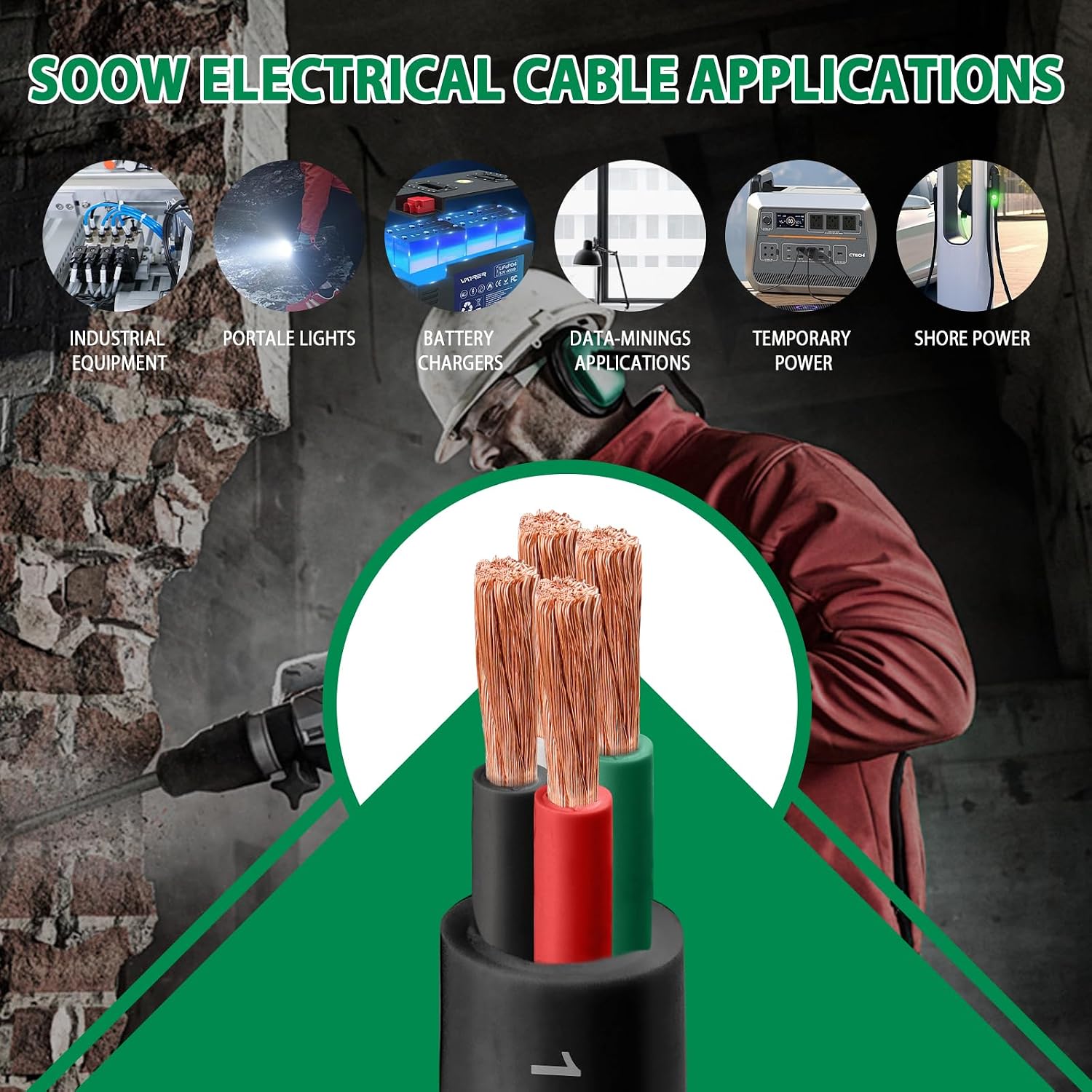12/4 SJOOW Wire 100FT, 12 AWG 300V SJOOW Bulk Cable, 12 Gauge 4 Conductor Portable Cable for Welder,Generator,Portable Light,Circuits,EV Car Charger,Motor Lead