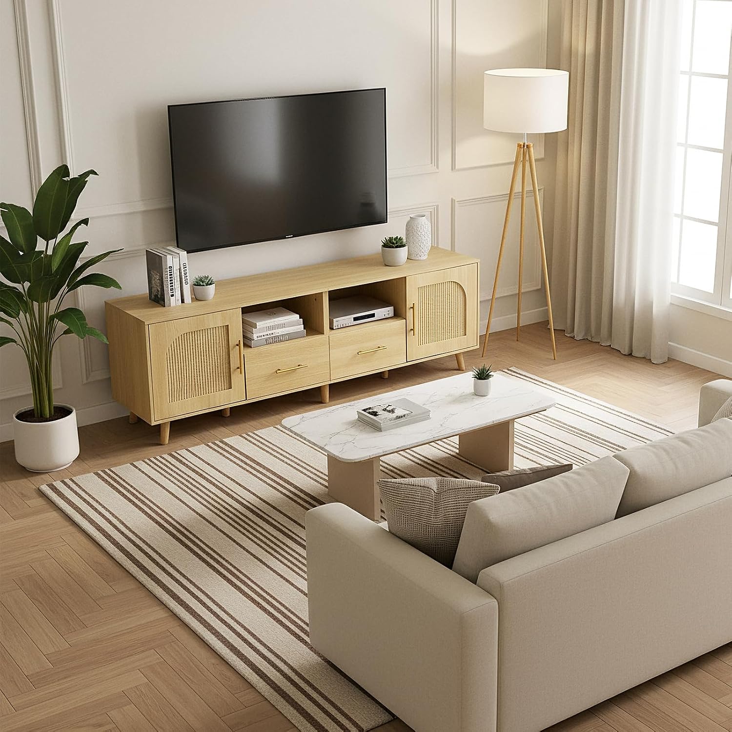 TV Stand for 70 Inch TV, 63' Modern Fluted TV Stand with Outlet, 2 Drawers & Cabinets, Entertainment Center with Open Shelves, Minimalist TV Stands for Living Room (Natural Wood)