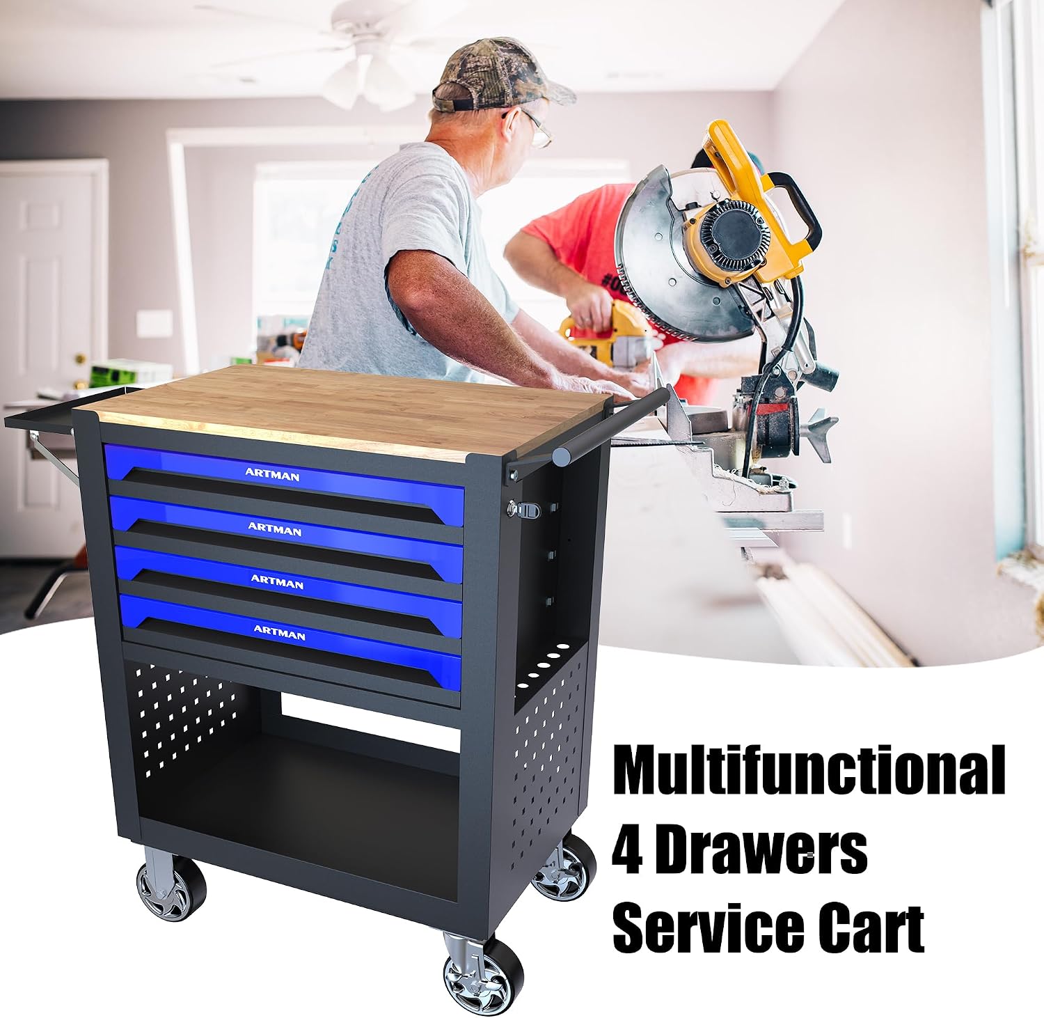 JOYBASE Rolling Tool Chest with 4 Drawers & Wood Top, Heavy Duty Steel Tool Cart on Wheels, Mobile Garage Organizer & Storage Cabinet for Workshop & Mechanic (Black & Blue)