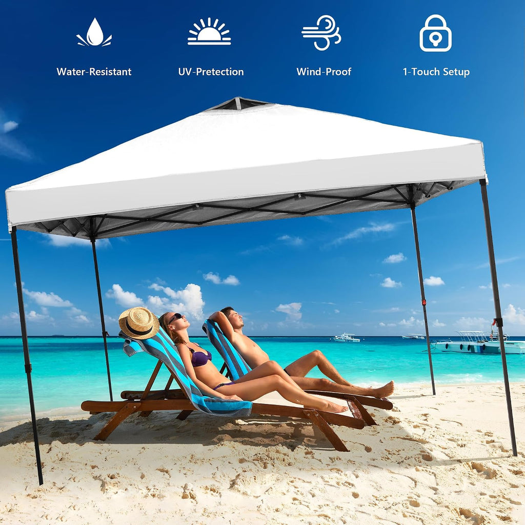GDY 10x10 Pop Up Canopy Tent with 4 Sidewalls, Easy Set up with One Push Lift Outdoor Silver Coated Beach Gazebos, Carpas with 4 Sandbags, for Events, Parties,Camping, White.