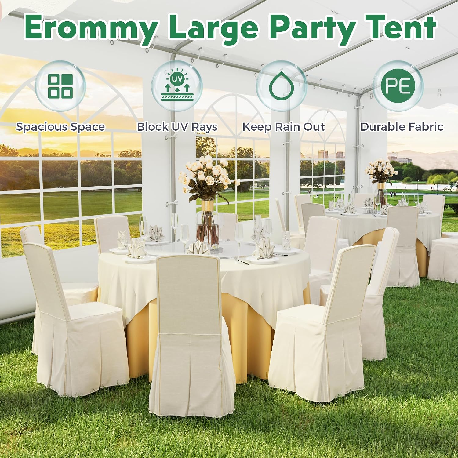 EROMMY 20x20ft Party Tent, Heavy Duty Large Wedding Canopy Outdoor Carport with 6 Removable Sidewalls, 2 Roll-up Doors, 2 Storage Bags, Gazebo Shelter Tent for Party Event Commercials, White