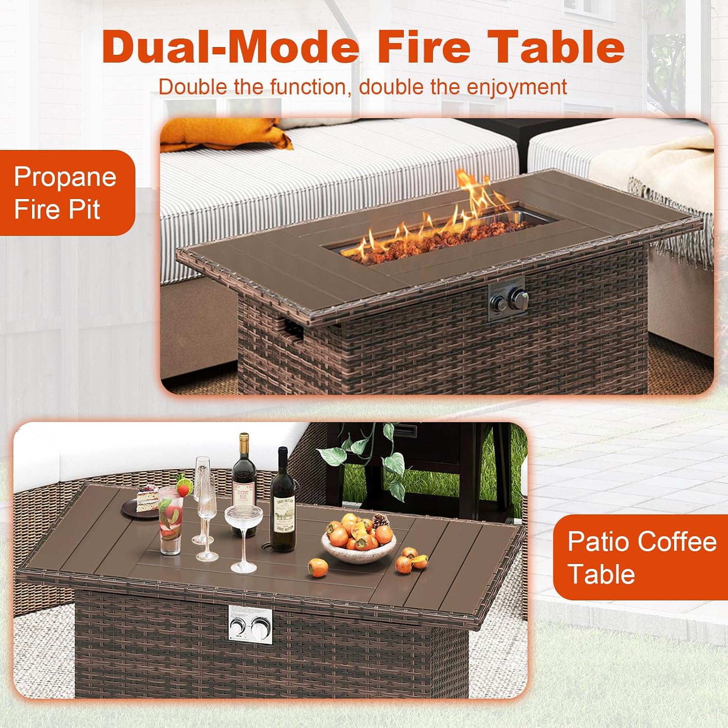 Tangkula 44.5 Inch Propane Fire Pit Table, Outdoor Rattan Gas Firepit with Metal Slatted Tabletop & Stainless Steel Burner, Rectangle Fire Pit with Lava Rocks & Protective Cover for Outside Patio