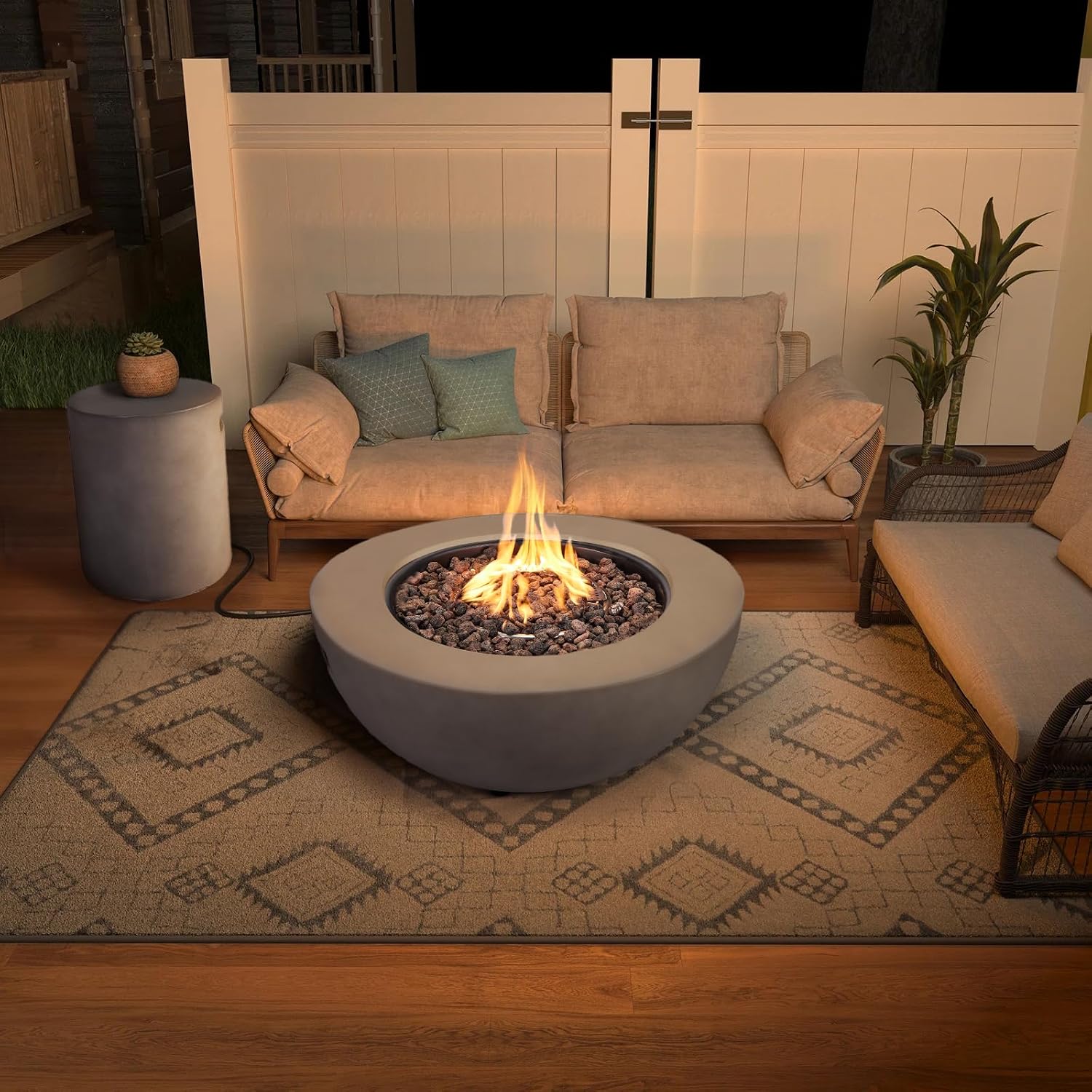2-Piece Outdoor Propane Fire Pit Table Set w/Tank Cover Table, 31.5-inch 50,000 BTU Bowl Concrete Firepit SUS201 Round Burner with Steel Lid, Lava Rocks, Rain Cover…