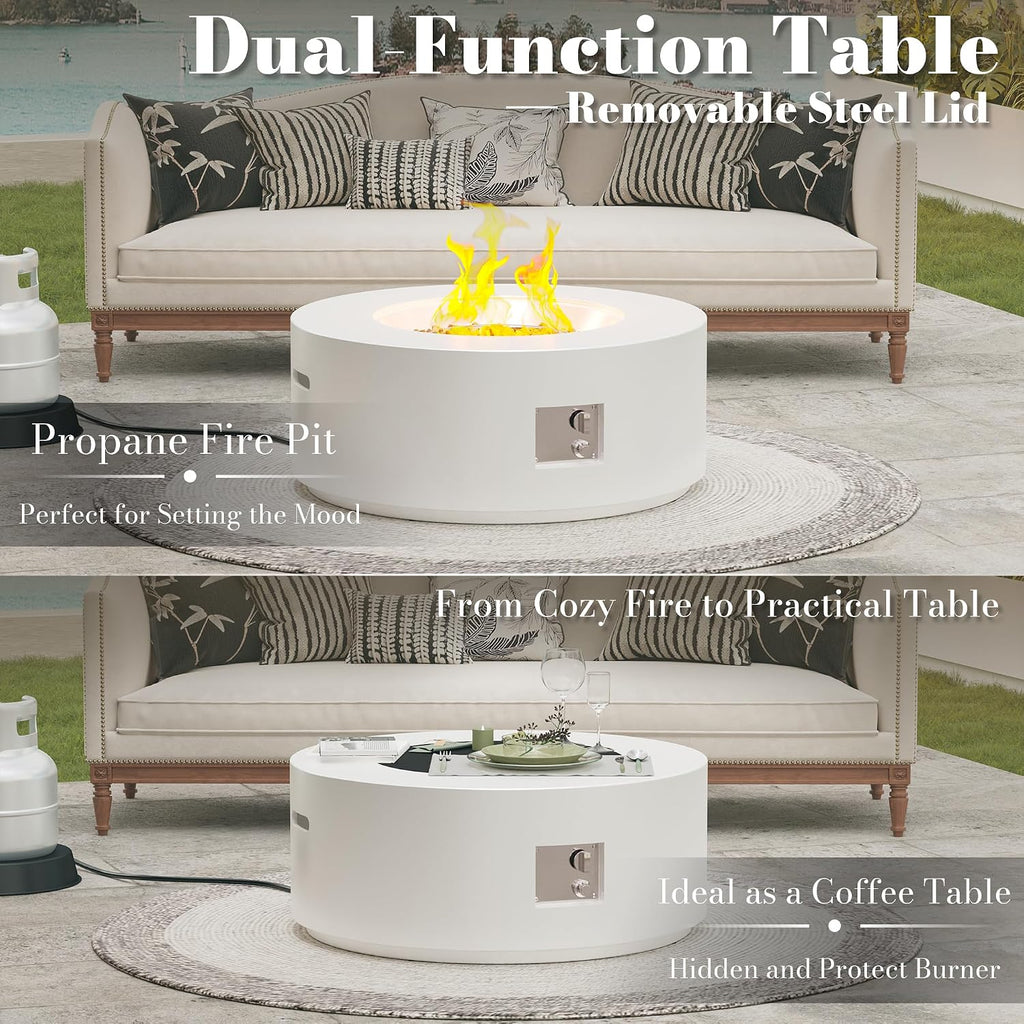 32.5 Inch Propane Fire Pit Table, 50,000 BTU Round Patio Fire Pit Table Outdoor, CSA Certified, Stainless Burner with Steel Lid, Waterproof Cover & Lava Rocks, for Garden Backyard, White