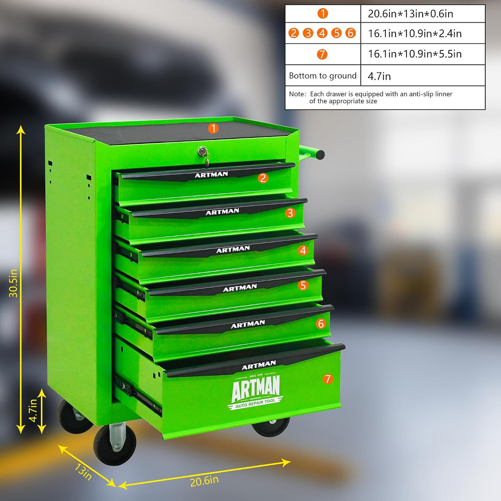 6 Drawers Rolling Tool Box on Wheels, Multifunctional Tool Chest Cabinet with Lock, Drawers Rolling Tool Cart Trolley Organizer Tool Storage Case for Warehouse,Garage,Workshop (Green)
