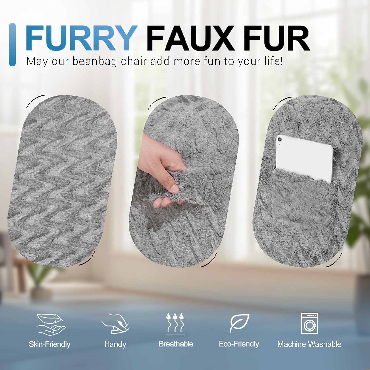 HABUTWAY 5FT Bean Bag Chair,Giant Bean Bag Chairs for Adults,Big Bean Bags with Memory Foam Filled, Large Beanbag Chairs with Chevron Plush Cover-Grey