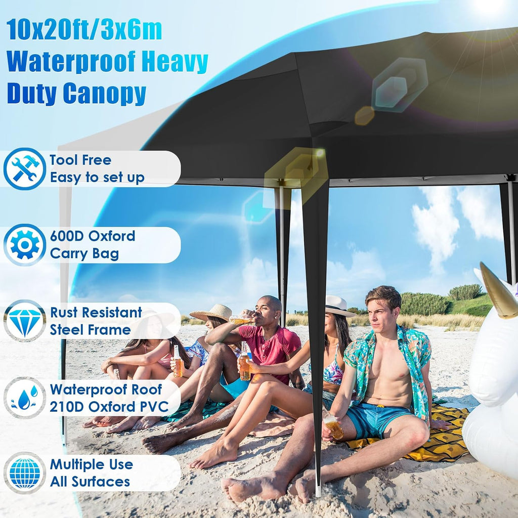 COBIZI 10x20 Pop Up Canopy Tent Party Tents for Parties Weddings Backyard Waterproof Outdoor Commercial Instant Canopy Event Tent with Stakes, Ropes,Sandbags, Black